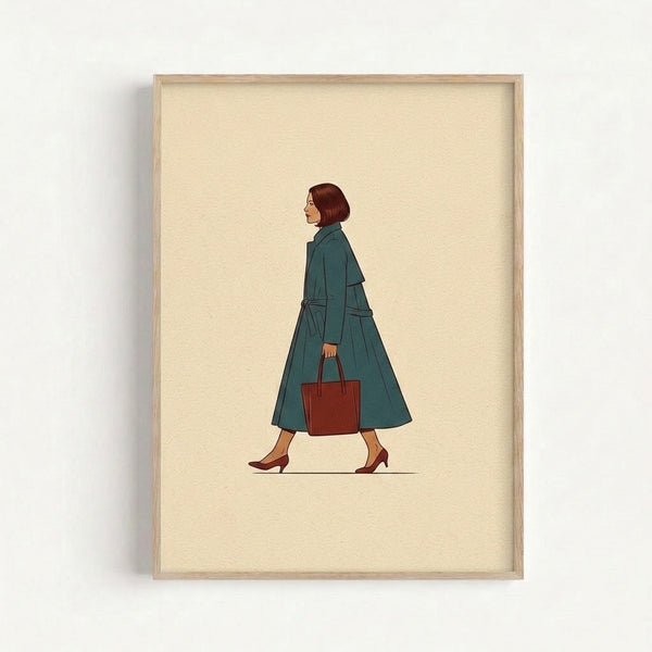Minimalist 1950s-inspired fashion illustration featuring a poised woman in a teal coat with matching bag and shoes, rendered in warm cream and earthy tones.