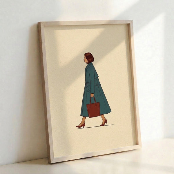 Vintage-style portrait of an elegantly dressed woman in a teal coat, brown accessories, and classic silhouette, minimalist poster with timeless aesthetic.