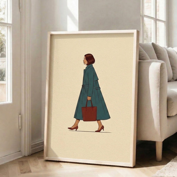 Retro fashion artwork displaying a refined woman in coordinated teal and burgundy palette, minimalist composition evoking 1950s sophistication and grace.