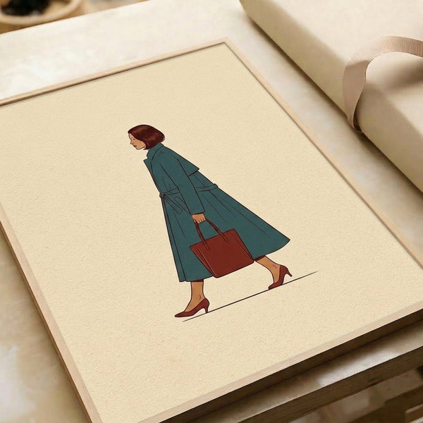 Sophisticated retro portrait featuring a woman in a teal coat with coordinated accessories, minimalist line art and color blocked vintage aesthetic.