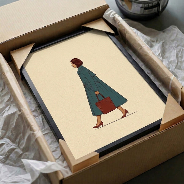 Elegant 1950s-inspired fashion illustration in cream, teal, and burgundy, showing a poised woman with timeless style and minimalist vintage design sensibility.