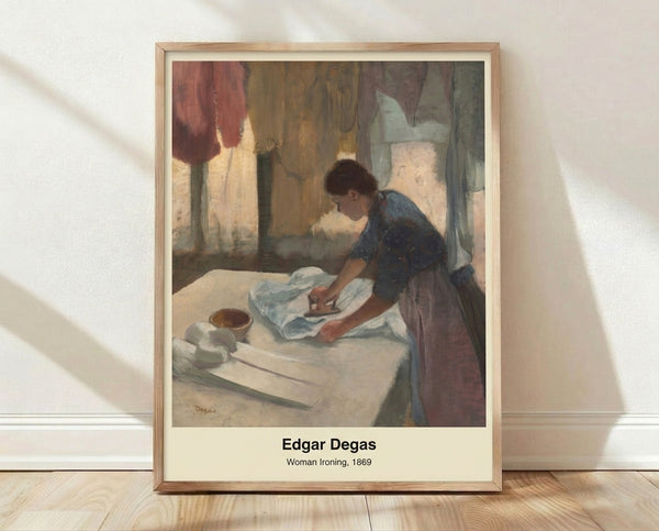 Impressionist painting of a woman bent over an ironing board, rendered in soft cream, ochre, and muted brown tones, capturing an intimate moment of domestic labor with contemplative mood.