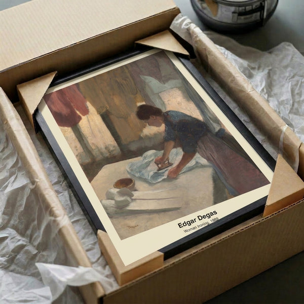 Impressionist masterpiece capturing a woman engaged in ironing, with a faceless figure and contemplative mood conveyed through muted green, ochre, and cream palette as framed art.