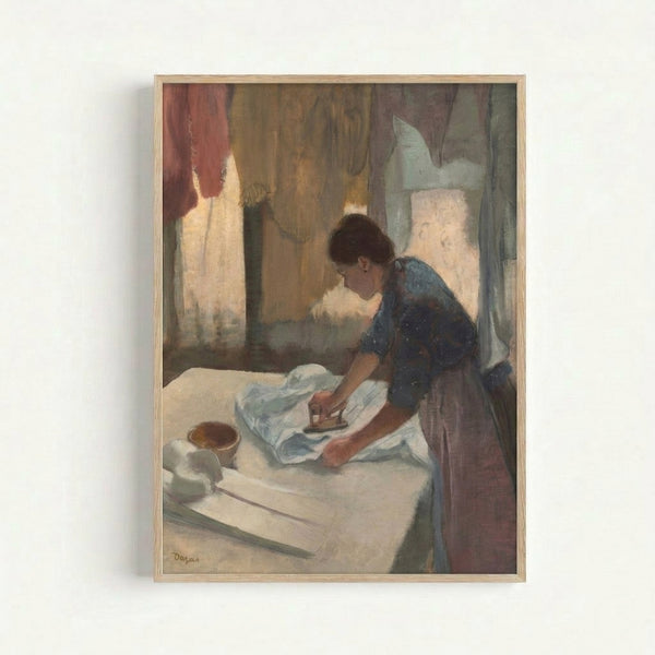 Faceless female figure focused on her ironing task, depicted in loose brushstrokes characteristic of 19th-century Impressionist art, wall-mounted print.