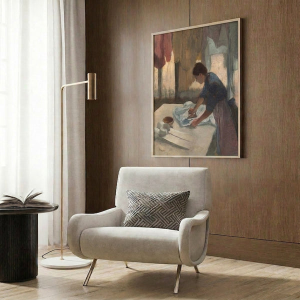 Degas-inspired portrait of a laboring woman at an ironing board, rendered in muted earth tones with impressionistic loose brushstrokes, framed wall print.