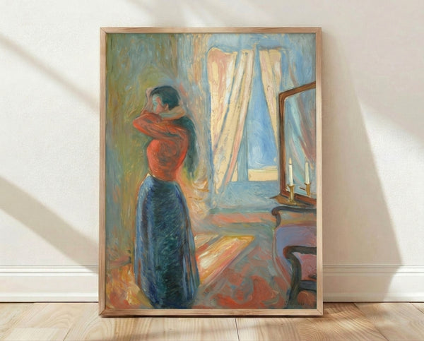 Framed poster of a woman gazing into a mirror, rendered in Munch's expressive style with bold, swirling brushstrokes and a melancholic atmosphere.
