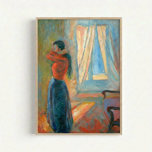 Modern art print showing a contemplative female figure reflected in a mirror, featuring muted earth tones and psychological depth characteristic of early 20th-century expressionism.