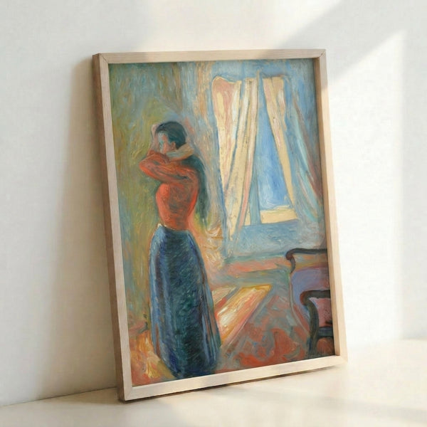 Wall-mounted poster depicting a woman studying her reflection, with distorted forms and introspective mood created through flowing lines and subdued color palette.