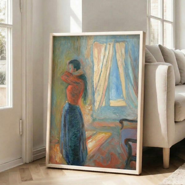 Expressionist artwork featuring a solitary woman before a mirror, framed print with emotional tension conveyed through gestural brushwork and somber hues.