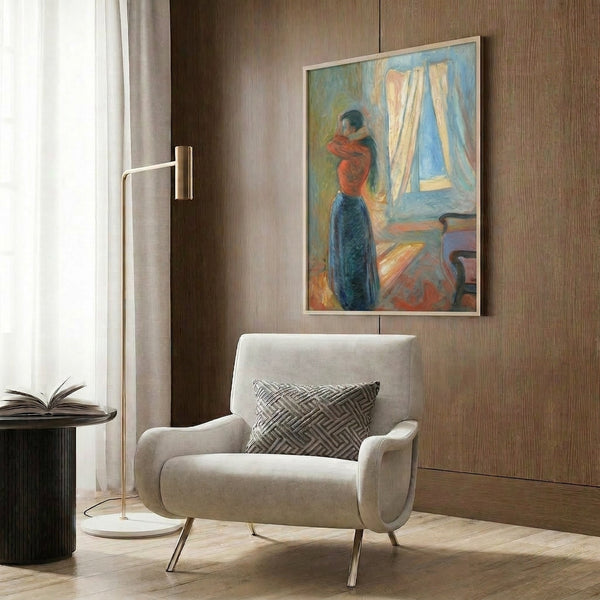 Poster art displaying a figure examining herself in a mirror, rendered in the introspective style of Northern European modernism with organic, undulating forms.