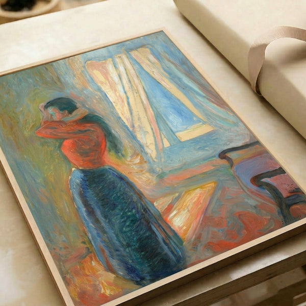 Framed print of a woman absorbed in her mirror reflection, capturing existential contemplation through expressive abstraction and a restrained, evocative color scheme.