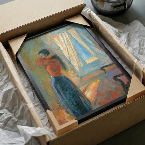 Artistic wall print showing intimate mirror scene with psychological complexity, executed in fluid, emotive brushstrokes and a palette of muted, atmospheric tones.