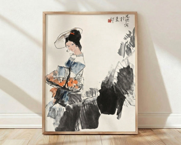 Japanese ink painting of a woman in an embroidered hat beside a horse, rendered in black line art with cream and blue-grey tones, evoking classical contemplative elegance.