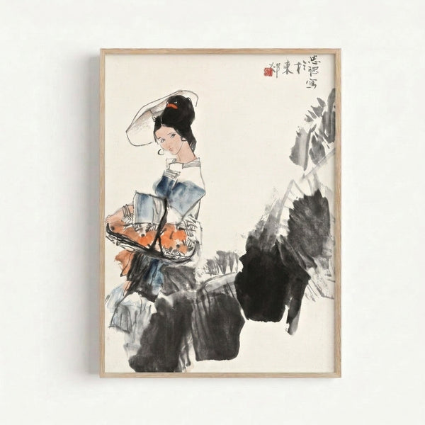 Framed Japanese woodblock-style ink wash portrait depicting a woman with a horse and decorative plant elements, featuring minimalist black linework on cream background.