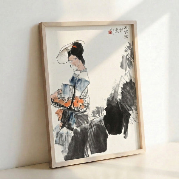 Elegant line art poster showing a woman wearing an ornate hat standing with a horse, executed in traditional Japanese ink painting technique with muted blue-grey and orange-brown accents.