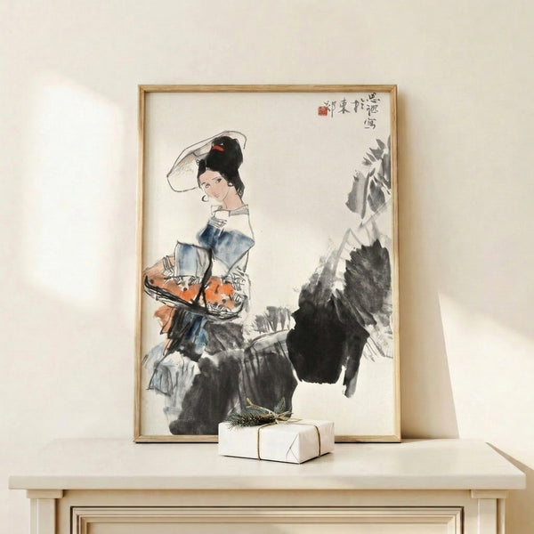 Contemplative Japanese art print of a woman and horse in classical ink style, with delicate black brushwork and cream tones creating a serene, minimalist composition.