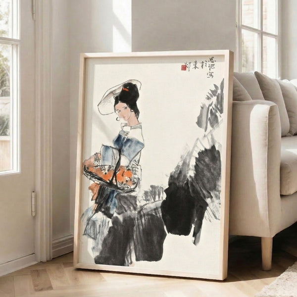 Black ink portrait of a hatted woman beside a horse with botanical details, rendered in Japanese Showa-era aesthetic on cream paper with soft blue-grey highlights.