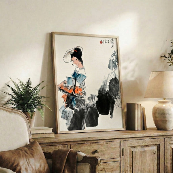 Minimalist Japanese-inspired ink painting featuring a woman, horse, and plant forms in elegant black linework with cream, grey, and warm earth tone accents.
