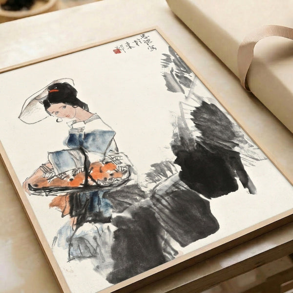 Framed classical Japanese ink art showing a woman in decorative headwear with a horse companion, executed in refined line art with sophisticated cream and muted color palette.