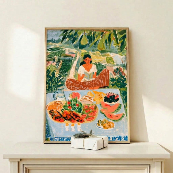 Modern pastoral art print showing a peaceful literary scene of a woman absorbed in reading amid garden greenery and picnic foods, rendered in calming Bauhaus-inspired colors of cream, pale blue, and terracotta.