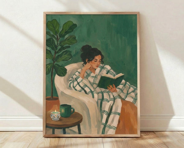 Minimalist illustration of a woman reading in a forest green armchair, surrounded by a potted plant, lit candle, and warm mug in cream, terracotta, and teal tones.