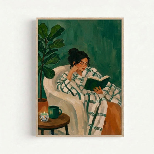 Japandi-style framed art print depicting a peaceful reader seated with an open book, plant, and candle creating a serene, contemplative atmosphere.