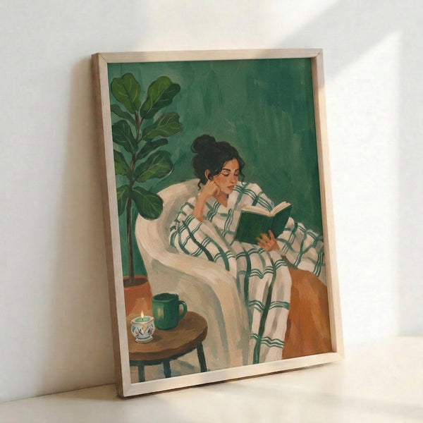 Modern minimalist poster showing a woman in quiet repose with a book, featuring soft cream and dark teal accents with botanical and cozy lifestyle elements.