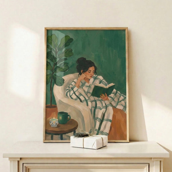 Wabi sabi wall art of a solitary figure absorbed in reading, rendered in muted forest green, pale yellow, and terracotta with understated home comfort details.