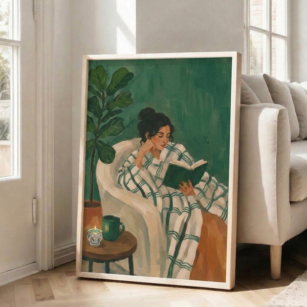Contemporary minimalist print capturing an introspective moment of a book lover surrounded by simple, intentional objects in a harmonious color palette.