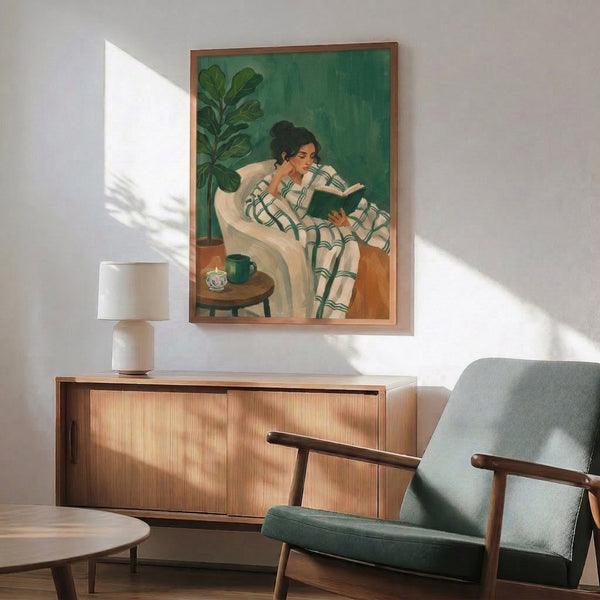 Framed Japandi illustration of a peaceful woman engrossed in reading, accented with nature and self-care elements in soft, earthy tones.