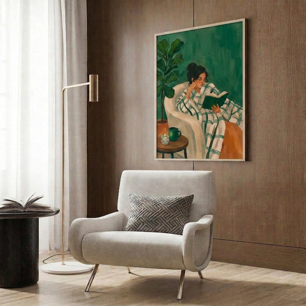 Minimalist home decor art featuring a serene reader with botanical and lifestyle accents, blending modern design with warm, inviting forest green and cream hues.