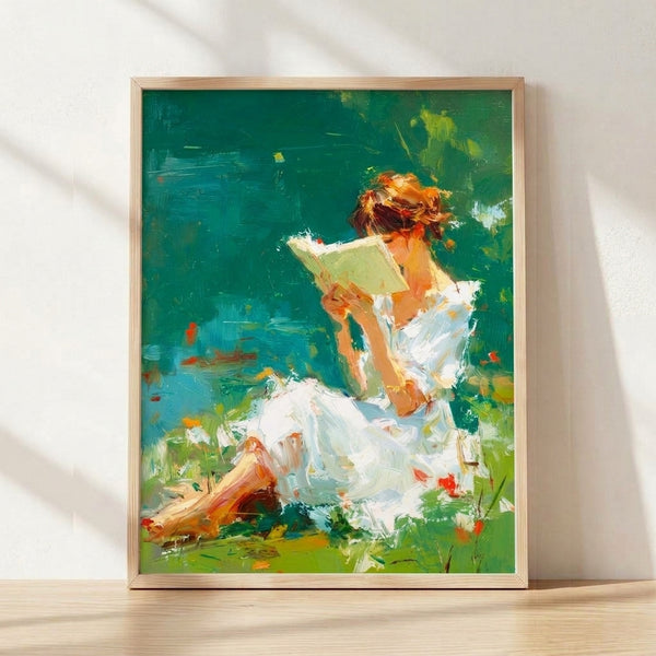 Impressionist watercolor poster of a woman peacefully reading in a sunlit garden surrounded by blooming flowers, rendered in soft teal, sage green, and warm ochre tones.