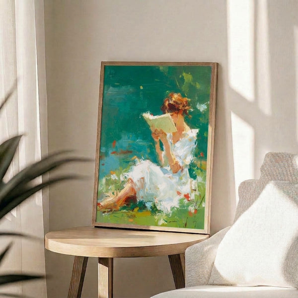 Framed art print featuring a contemplative woman absorbed in her book amid garden botanicals, with luminous impressionistic brushwork in muted greens, teals, and burnt orange hues.