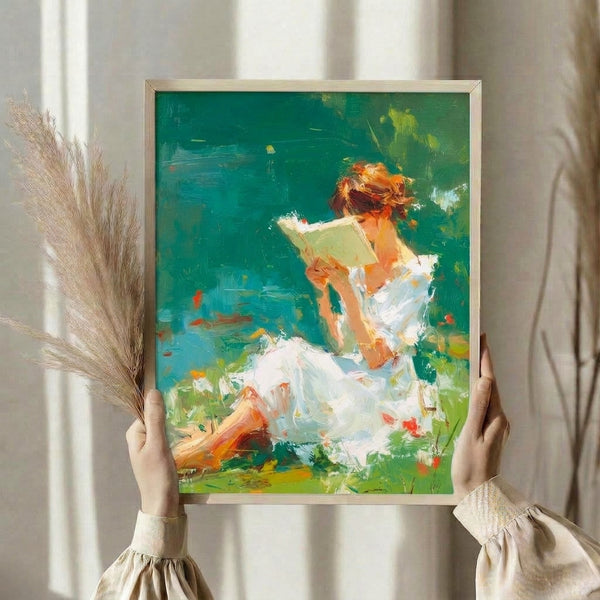 Modern impressionist garden scene showing a serene woman reading, painted with soft watercolor technique in a palette of teal, white, sage, and ochre warm accents.