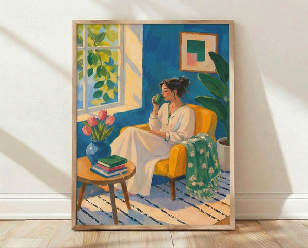 Framed minimalist art print of a woman relaxing in a cozy reading nook by a window, surrounded by books, tulips, and plants in soft cream, deep blue, and coral pink tones.