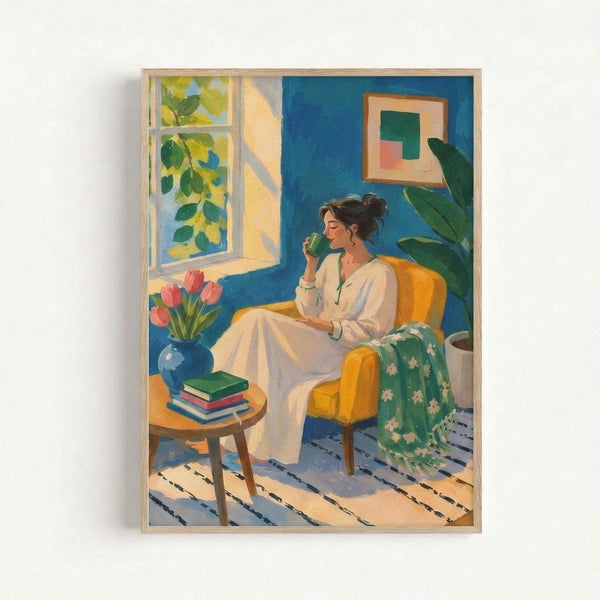 Modern Japandi wall art depicting a peaceful woman seated with tea and a book near a vase of tulips, rendered in warm yellows, forest green, and calming blues.