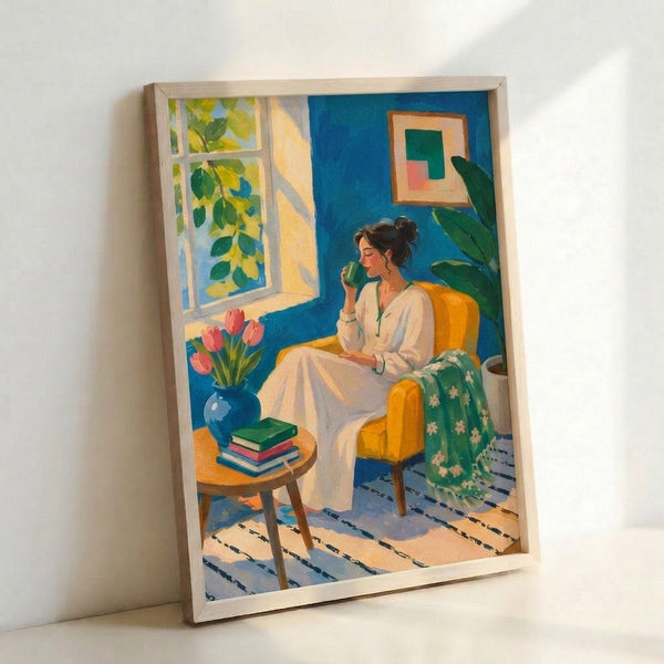 Contemplative bedroom art print showing a figure in a reading chair by a window with flowering plants and stacked books, combining minimalist style with warm, peaceful colors.