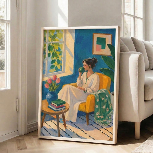 Serene wall poster of a woman enjoying a quiet morning with tea and reading material, surrounded by nature-inspired elements in soft cream, deep blue, and coral accents.