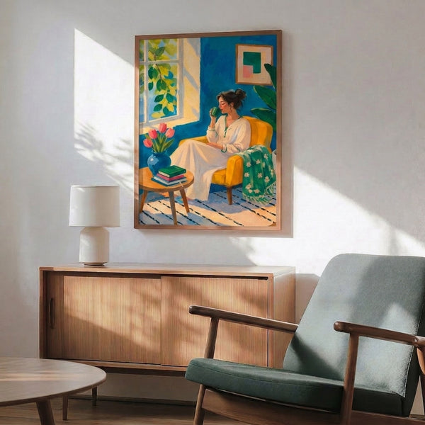 Minimalist living room art print featuring a cozy scene of someone in a reading nook with tulips, books, and a plant, in soothing Japandi-inspired earth tones and blues.