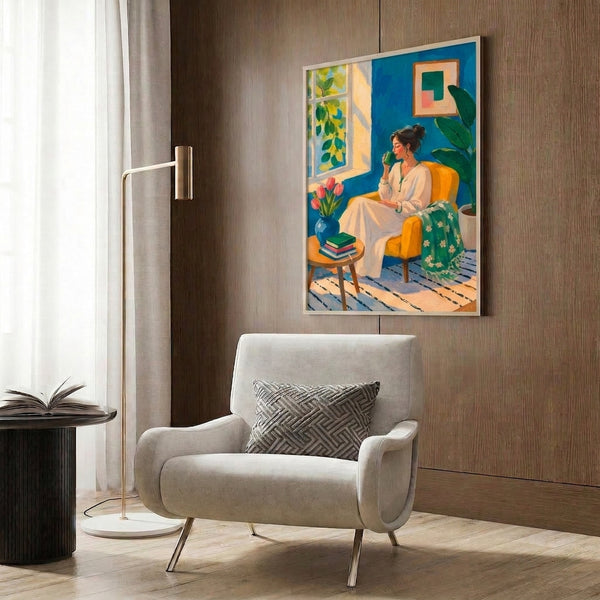 Framed self-care themed wall art with a peaceful woman surrounded by comfort items—tea, books, flowers, and greenery—in a muted palette of blue, yellow, cream, and pink.