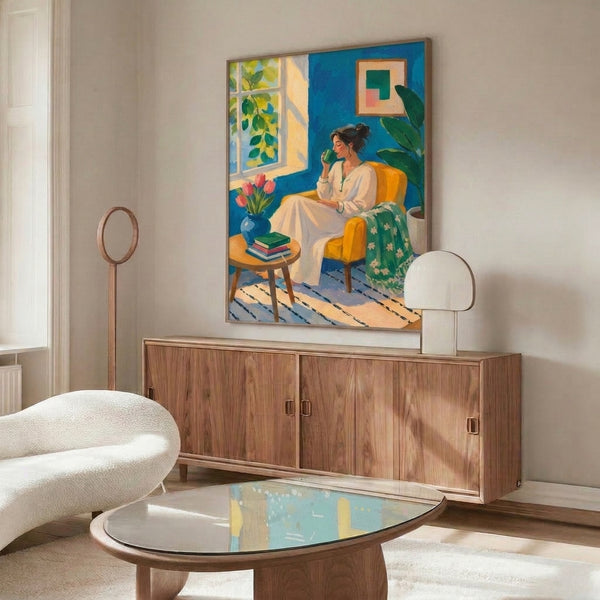 Japandi-style art print capturing a tranquil moment of relaxation: a figure by a sunlit window with tea, reading material, and botanical elements in warm and cool neutral tones.
