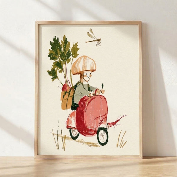 Whimsical watercolor poster of a young woman riding a scooter with vegetables and an umbrella, accompanied by a dragonfly, in warm cream, red, and olive green tones with a cottagecore aesthetic.