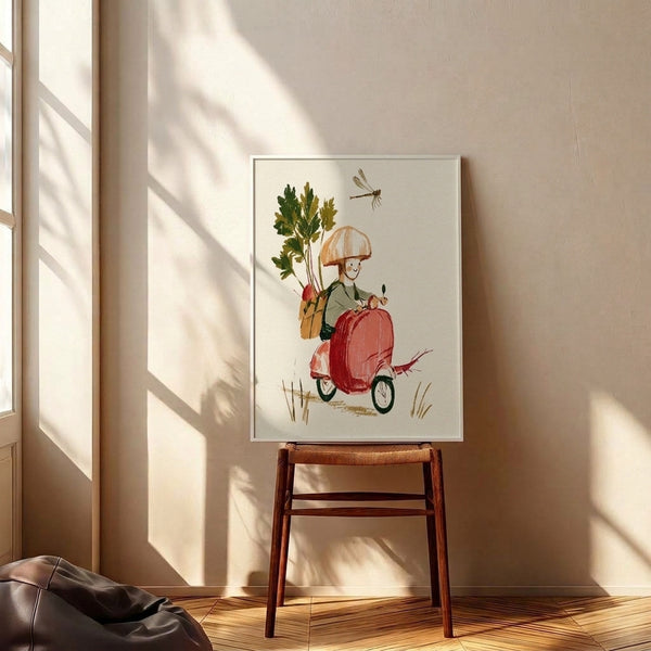 Cheerful retro-style watercolor art print featuring a woman on a scooter surrounded by parsley and garden elements, with a dragonfly and umbrella, rendered in soft peach and cream hues.