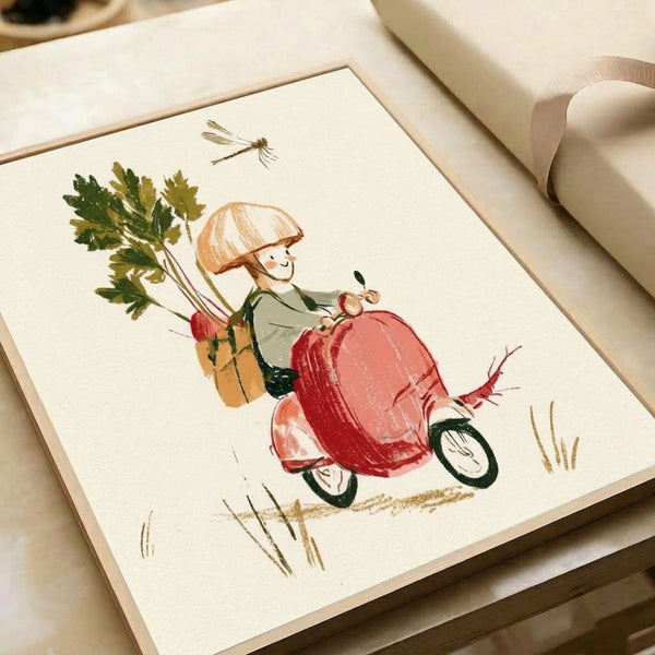 Cozy cottagecore watercolor illustration of a character on a scooter with botanical details and a dragonfly, displayed as a framed poster in cream, red, and muted green tones.