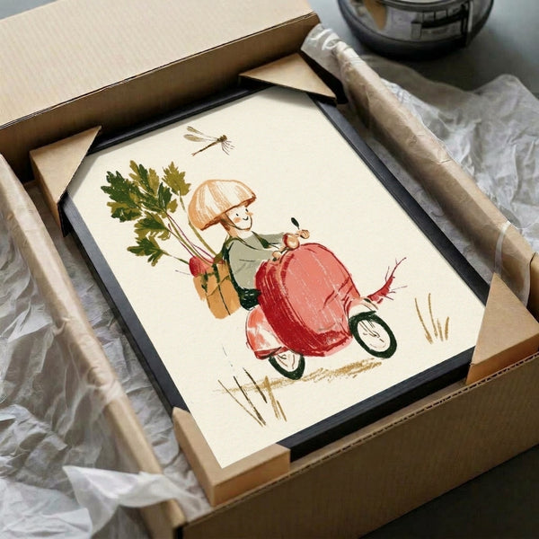 Retro whimsical watercolor print depicting a woman with a scooter, umbrella, and dragonfly amid vegetables, capturing a charming cottagecore mood in warm cream and olive green palette.