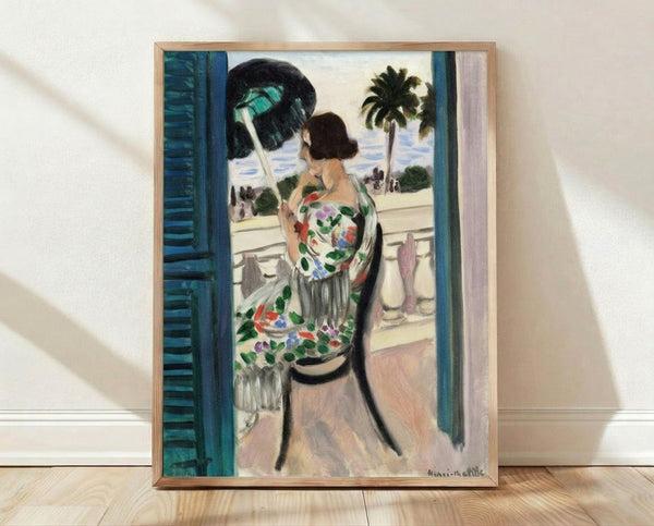 Abstract portrait of a woman seated on a balcony, rendered in soft pastel tones with loose, expressive brushstrokes characteristic of modernist painting.
