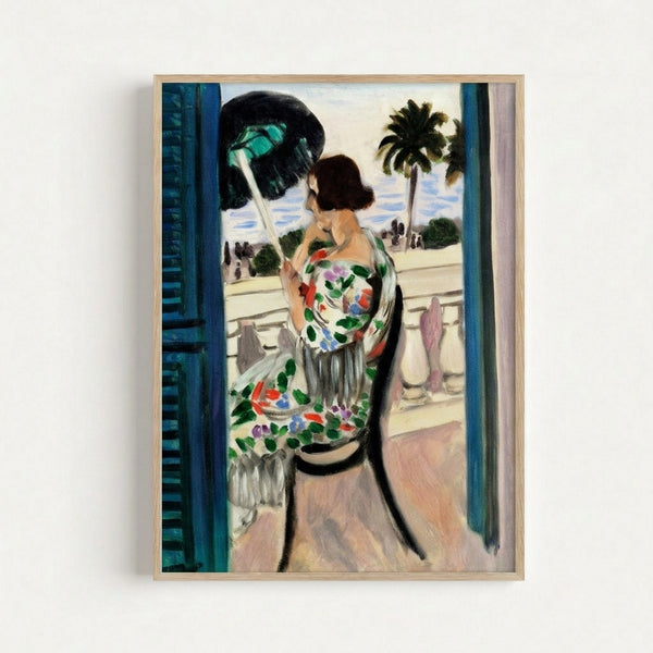 Framed art print displaying a contemplative figure on a balcony, featuring muted earth tones and flowing lines in a minimalist aesthetic style.