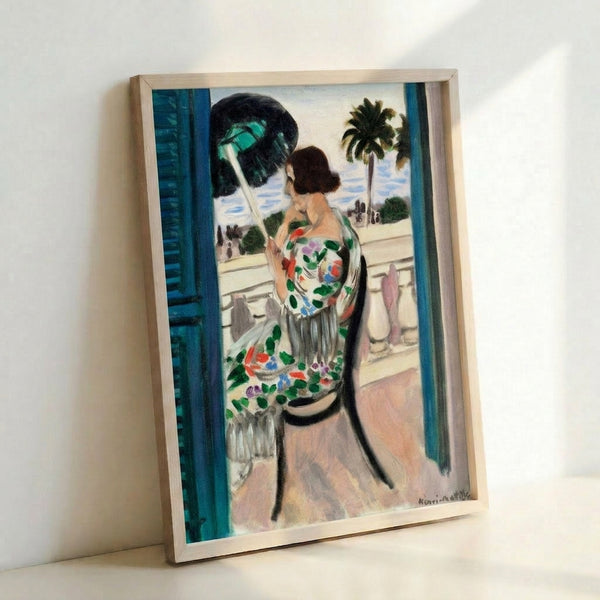 Woman in a relaxed pose overlooking a balcony, painted with delicate color blocking and simplified forms in warm cream and sage hues.
