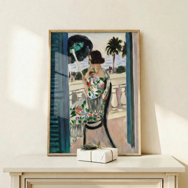 Serene interior scene of a seated woman at a balcony railing, executed in soft abstract style with gentle tonal variations and organic shapes.