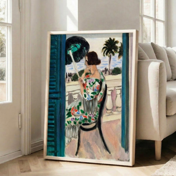 Modernist wall art depicting a solitary figure enjoying a balcony view, composed with restrained palette and graceful, uncluttered linework.